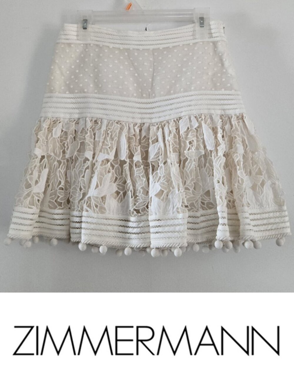 Zimmermann Corsage Pompom Embellished Guipure Lace Swiss Dot Tulle Mini XS